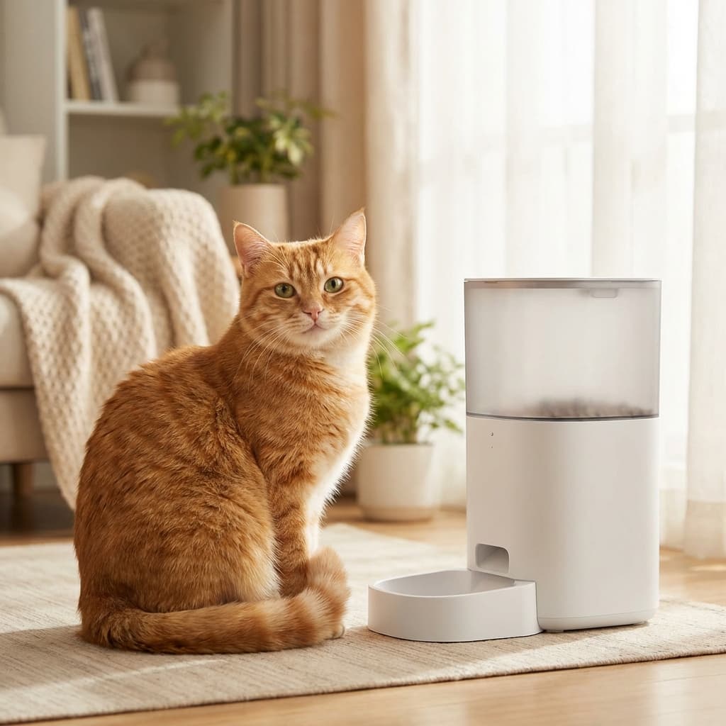 Gato feliz con comedero automático